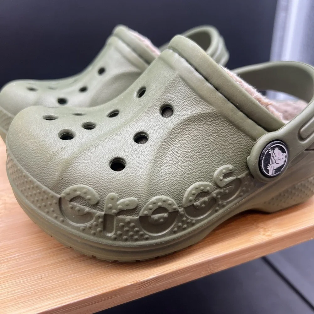Crocs Baya Lined Clog Shoes Size C7 Green Sherpa Faux Fur Slip On